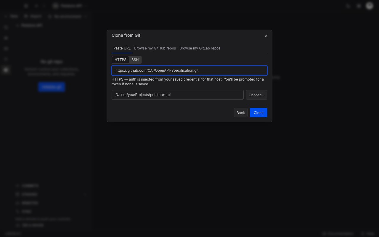 The Clone from Git dialog on the Paste URL tab, with an HTTPS repository URL, a chosen destination folder, and Back and Clone buttons