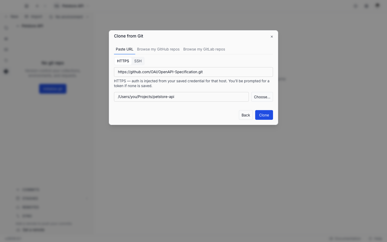 The Clone from Git dialog on the Paste URL tab, with an HTTPS repository URL, a chosen destination folder, and Back and Clone buttons