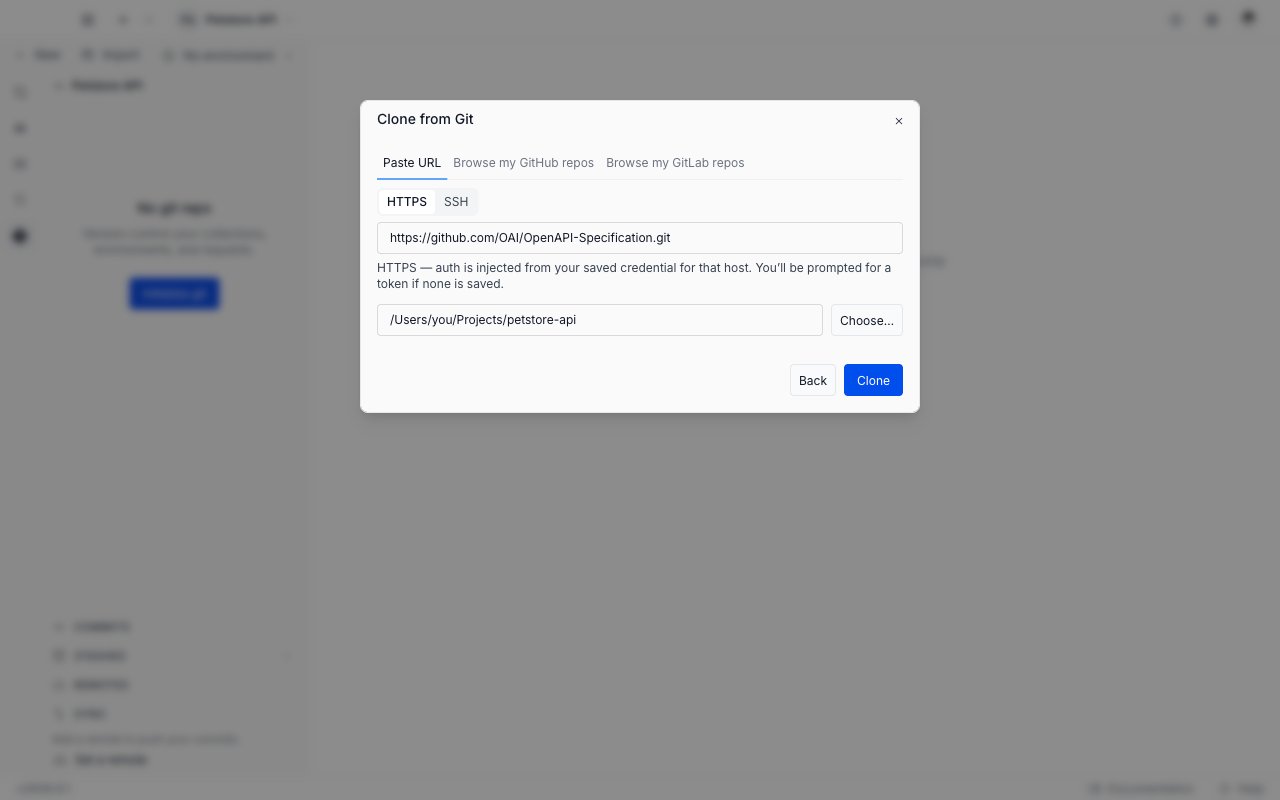 The Clone from Git dialog on the Paste URL tab, with an HTTPS repository URL, a chosen destination folder, and Back and Clone buttons