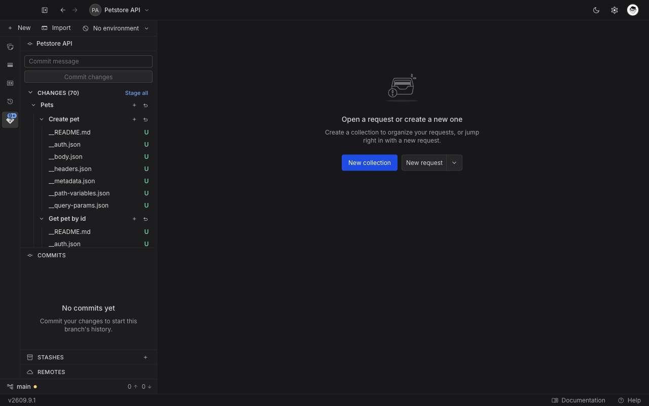 The expanded Commits section on a branch with no commits, its header carrying no number and its body reading No commits yet