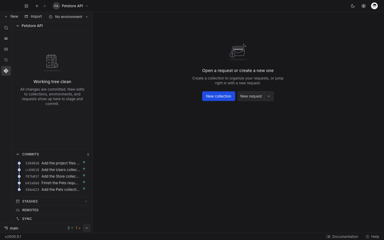 The expanded Commits section showing a count of five in its header and five commit rows, each with a graph dot, a short id, a message, and an up arrow
