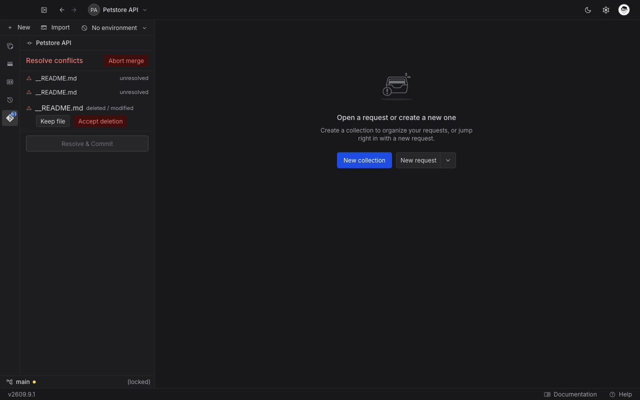 The Resolve conflicts panel with a deleted and modified row expanded to its two buttons, Keep file and Accept deletion