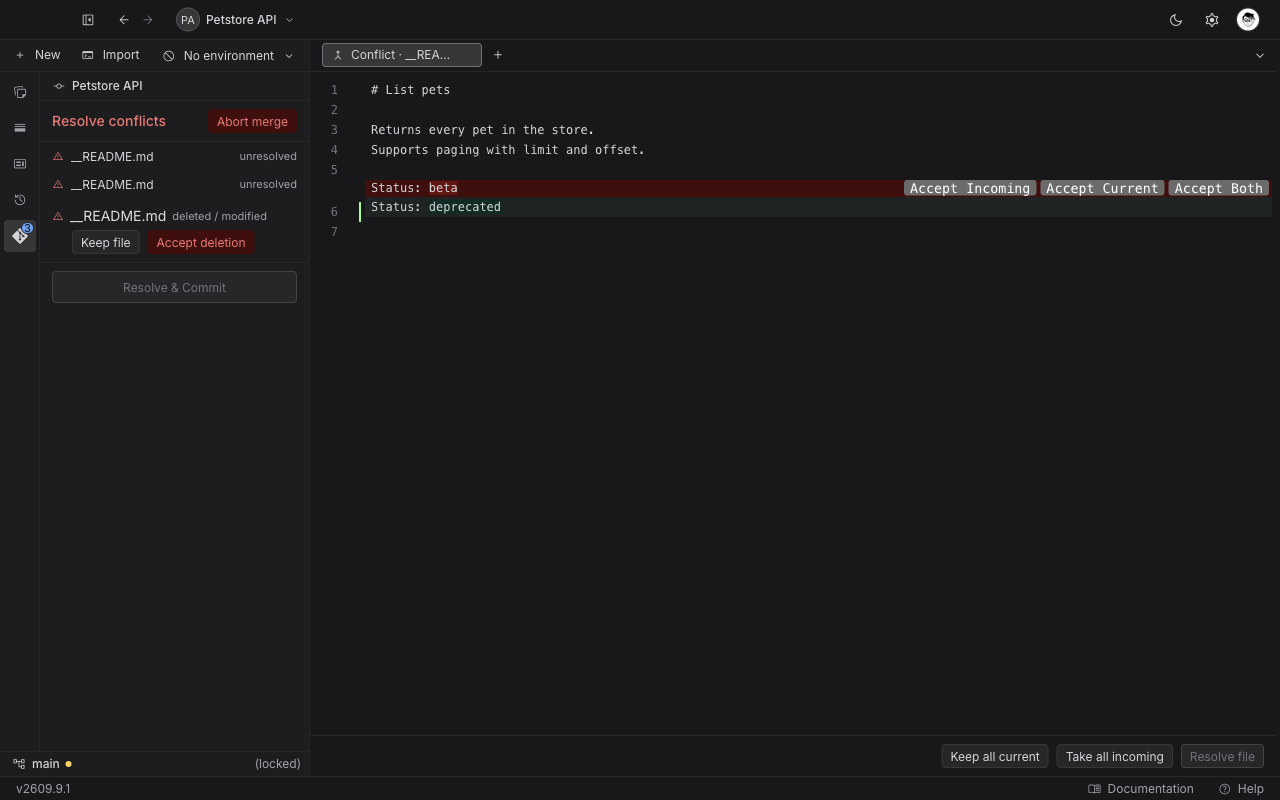 A conflict tab with one disagreeing block, the Accept Incoming, Accept Current, and Accept Both buttons above it, and Keep all current, Take all incoming, and Resolve file in the footer