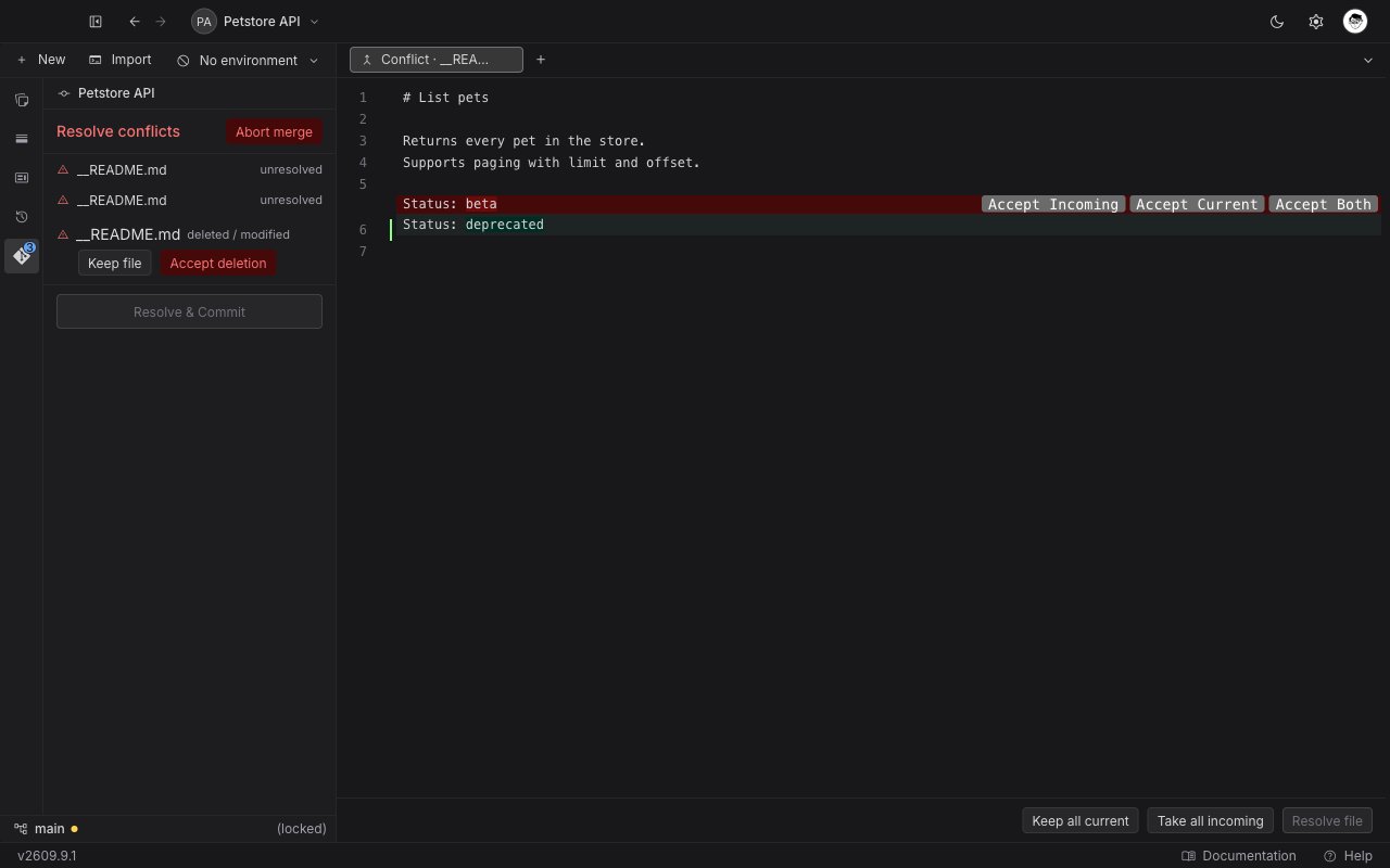 A conflict tab with one disagreeing block, the Accept Incoming, Accept Current, and Accept Both buttons above it, and Keep all current, Take all incoming, and Resolve file in the footer