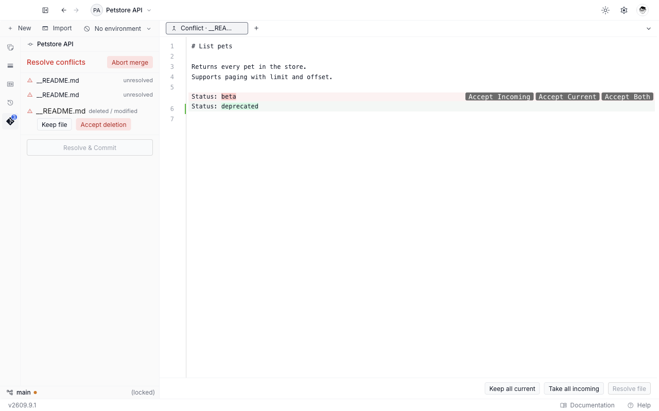A conflict tab with one disagreeing block, the Accept Incoming, Accept Current, and Accept Both buttons above it, and Keep all current, Take all incoming, and Resolve file in the footer