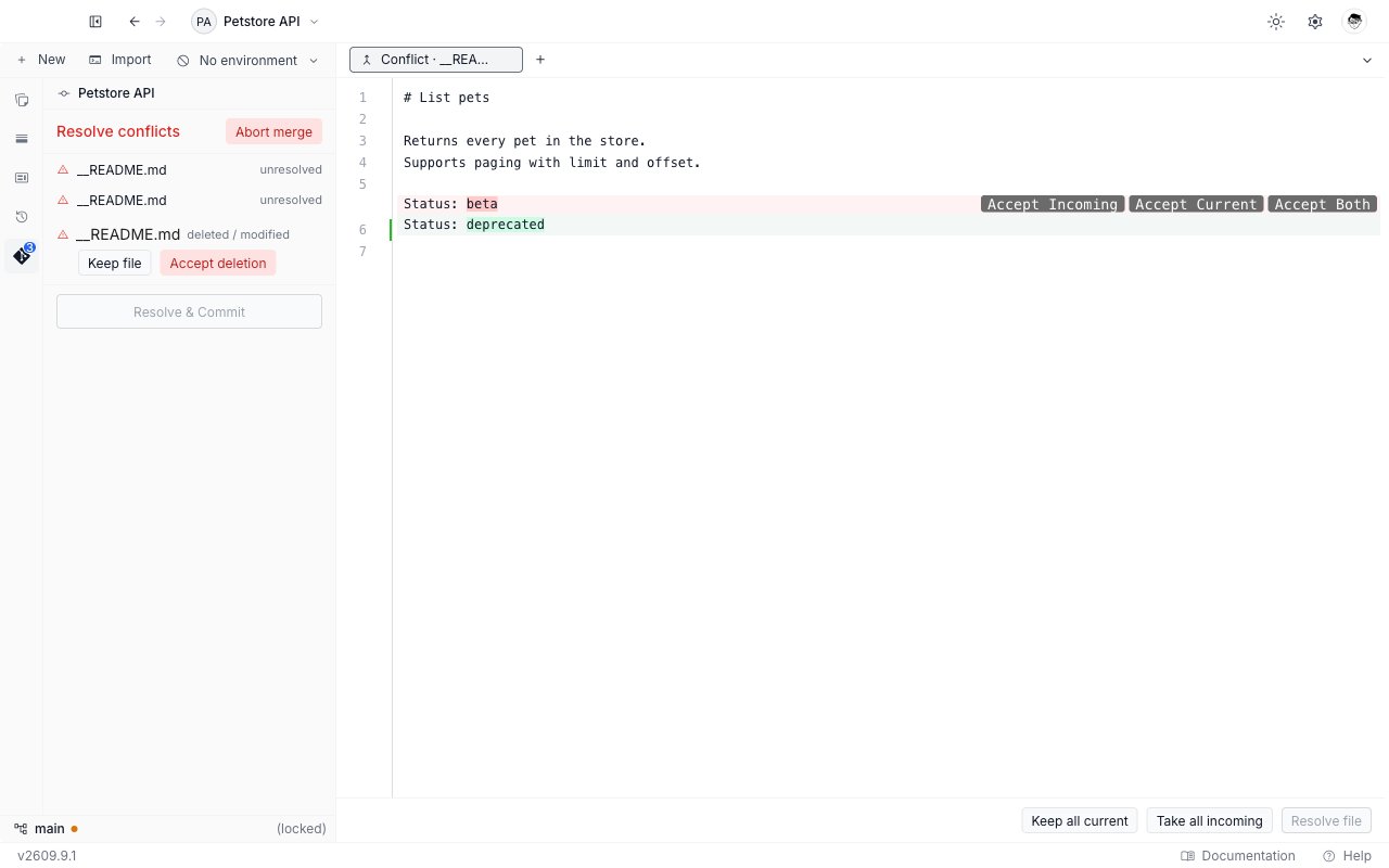 A conflict tab with one disagreeing block, the Accept Incoming, Accept Current, and Accept Both buttons above it, and Keep all current, Take all incoming, and Resolve file in the footer