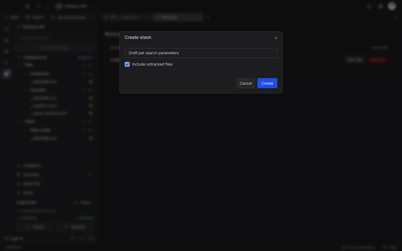 The Create stash window with a typed stash message, the Include untracked files box selected, and Cancel and Create buttons