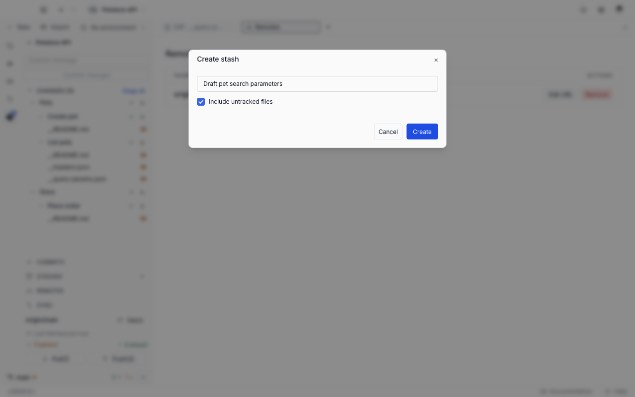 The Create stash window with a typed stash message, the Include untracked files box selected, and Cancel and Create buttons
