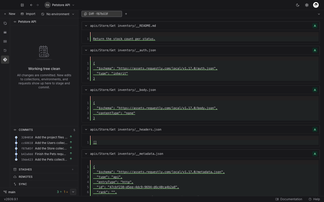 A commit diff tab stacking one collapsible section per changed file, each headed with the file path and an A chip, with every line shown as an addition
