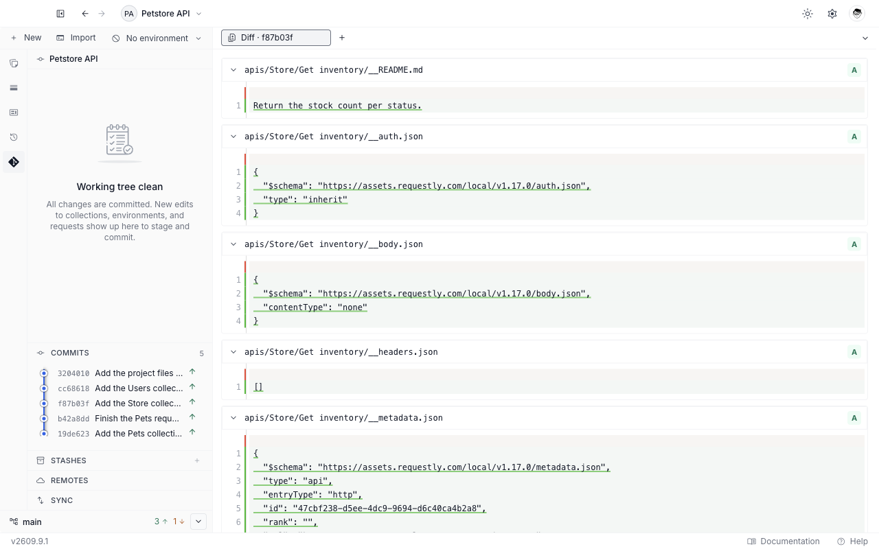 A commit diff tab stacking one collapsible section per changed file, each headed with the file path and an A chip, with every line shown as an addition