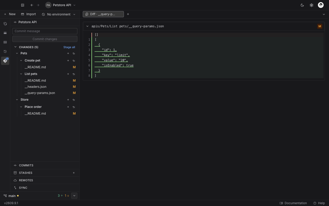 A single-file diff tab for a query params file, headed with its path and an M chip, showing the removed and added lines in one column beside the Git panel