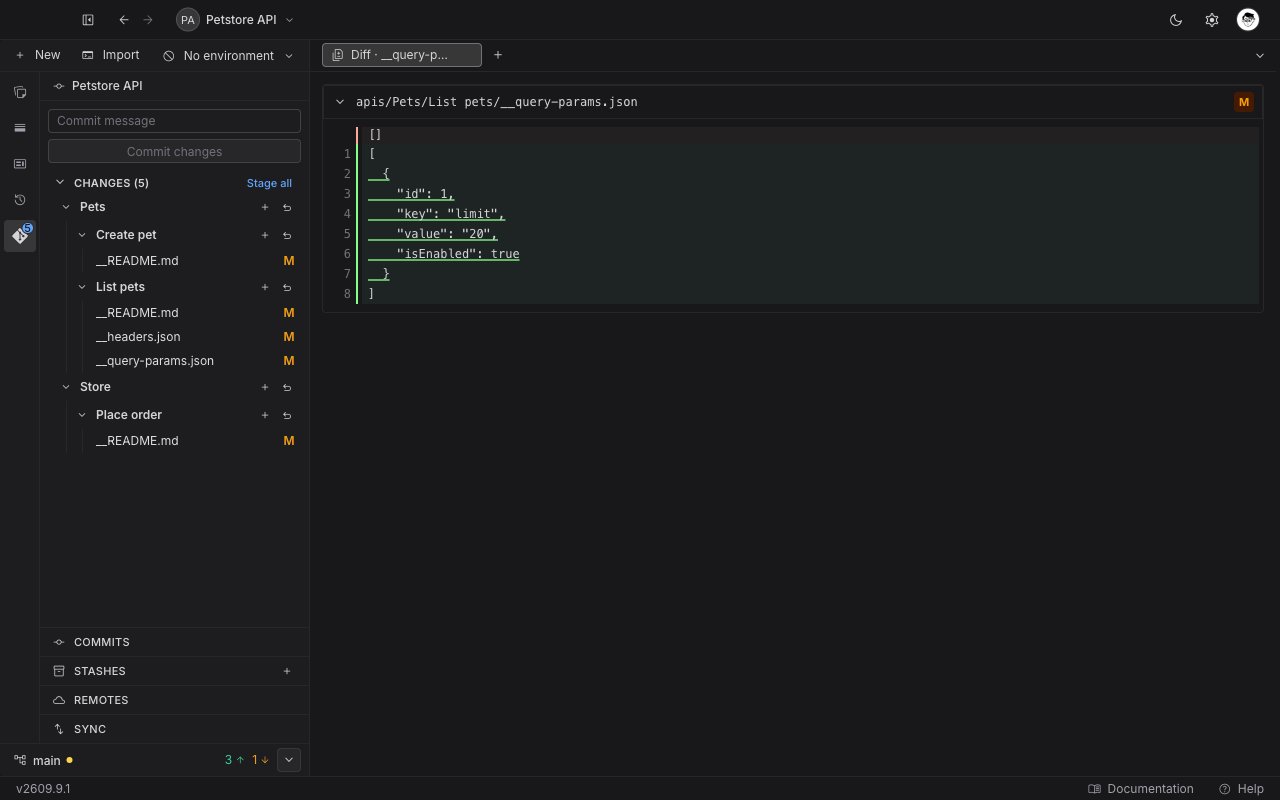 A single-file diff tab for a query params file, headed with its path and an M chip, showing the removed and added lines in one column beside the Git panel