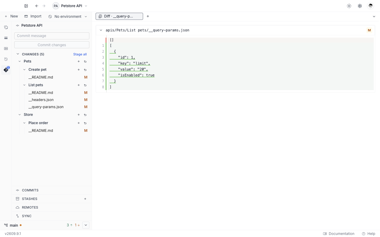 A single-file diff tab for a query params file, headed with its path and an M chip, showing the removed and added lines in one column beside the Git panel