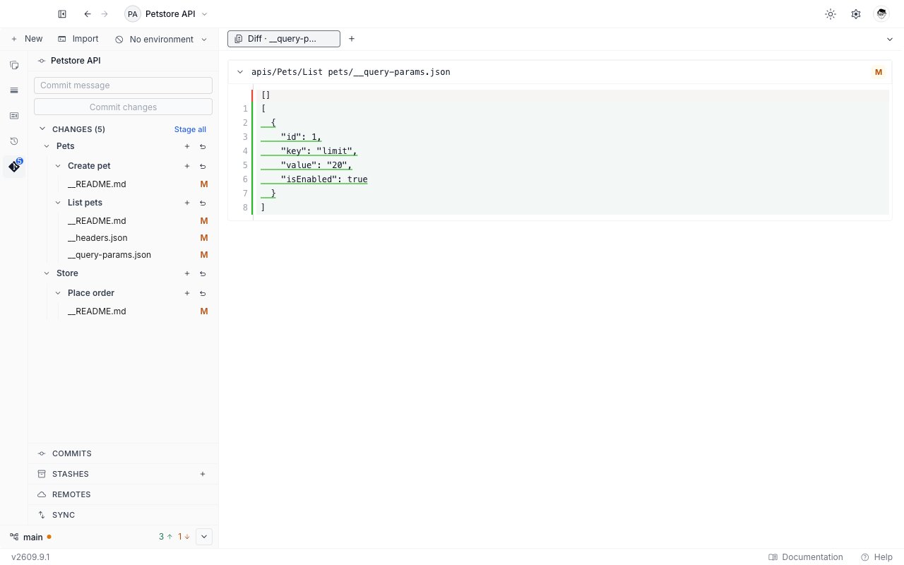 A single-file diff tab for a query params file, headed with its path and an M chip, showing the removed and added lines in one column beside the Git panel