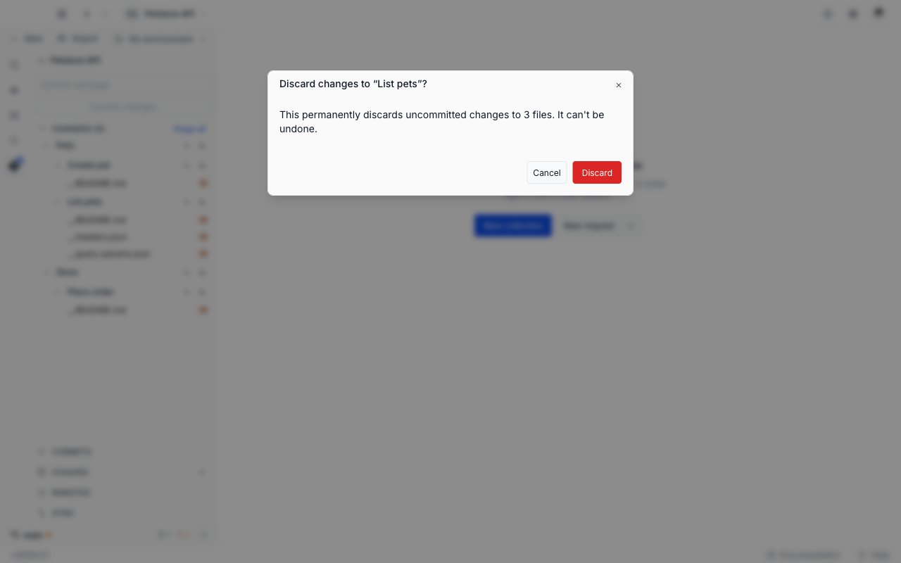 The Discard changes confirmation dialog for the List pets request, warning that it discards uncommitted changes to three files, with Cancel and Discard buttons