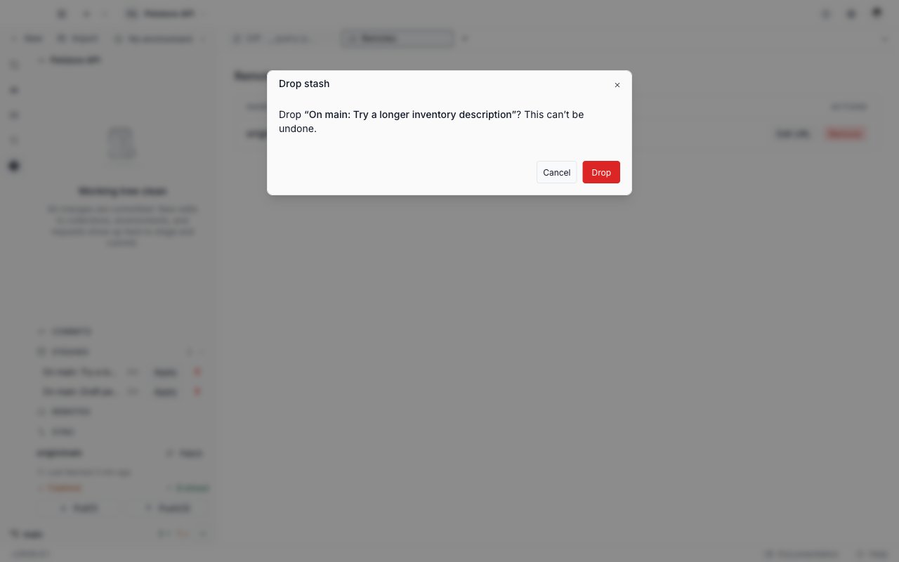 The Drop stash window naming the stash to delete and warning that it cannot be undone, with Cancel and Drop buttons