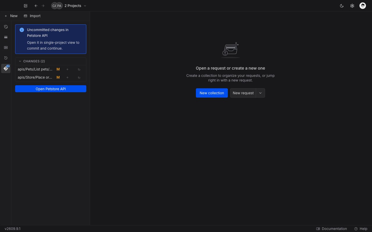 The Git panel in multi-project view, with an Uncommitted changes banner, two file rows whose plus and undo icons are greyed out, and an Open Petstore API button