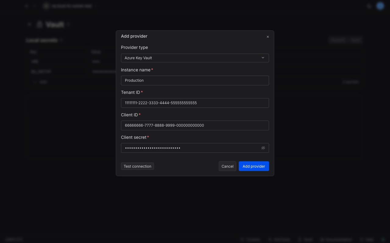 Add provider modal in Requestly with Azure Key Vault selected, showing the Instance name, Tenant ID, Client ID, and Client secret fields