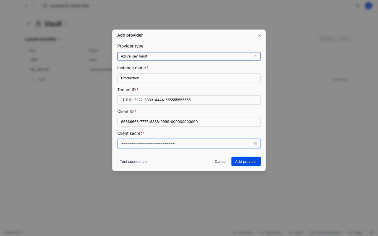 Add provider modal in Requestly with Azure Key Vault selected, showing the Instance name, Tenant ID, Client ID, and Client secret fields