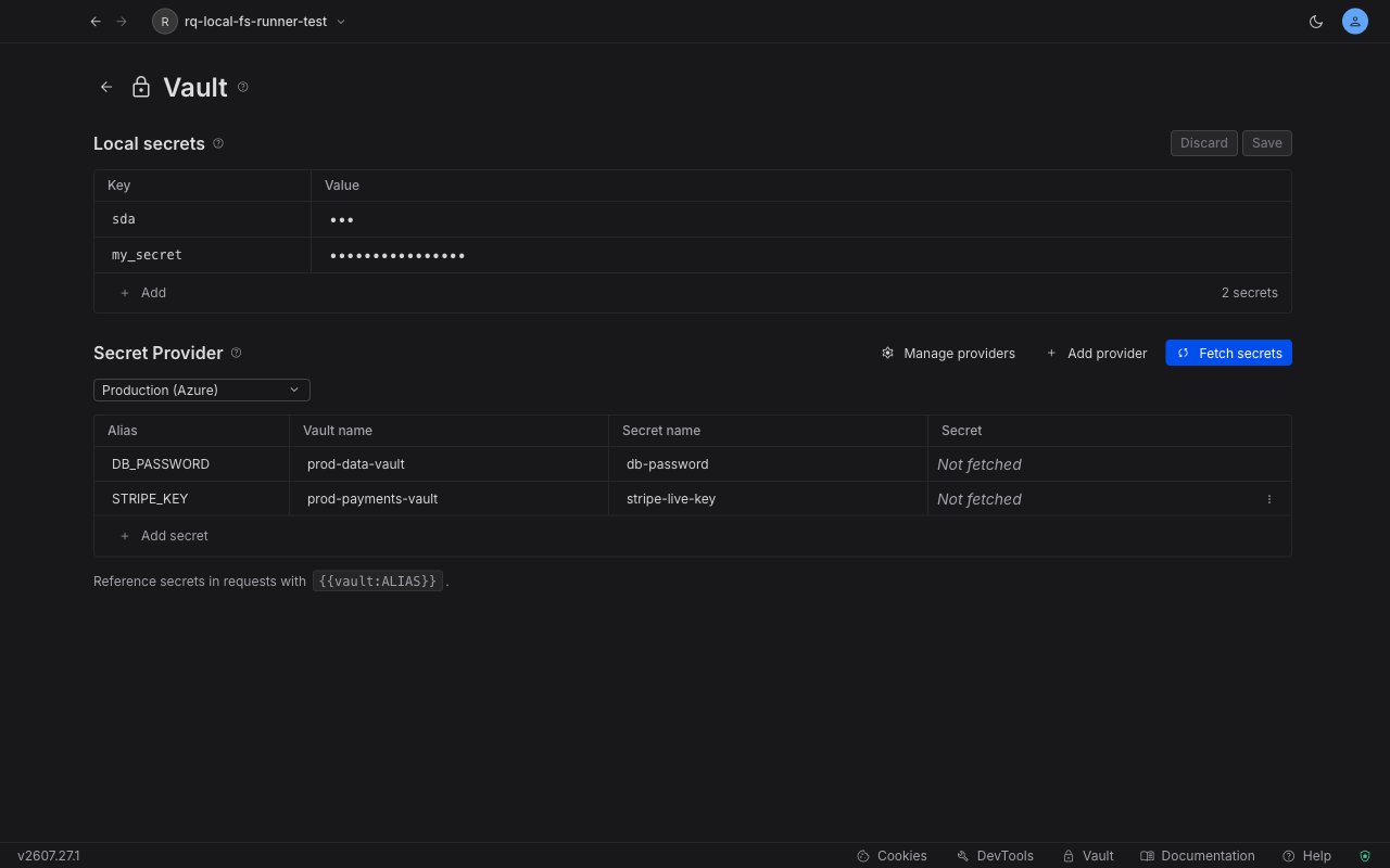 Requestly Vault page showing the Azure secret table with Alias, Vault name, Secret name, and Secret columns