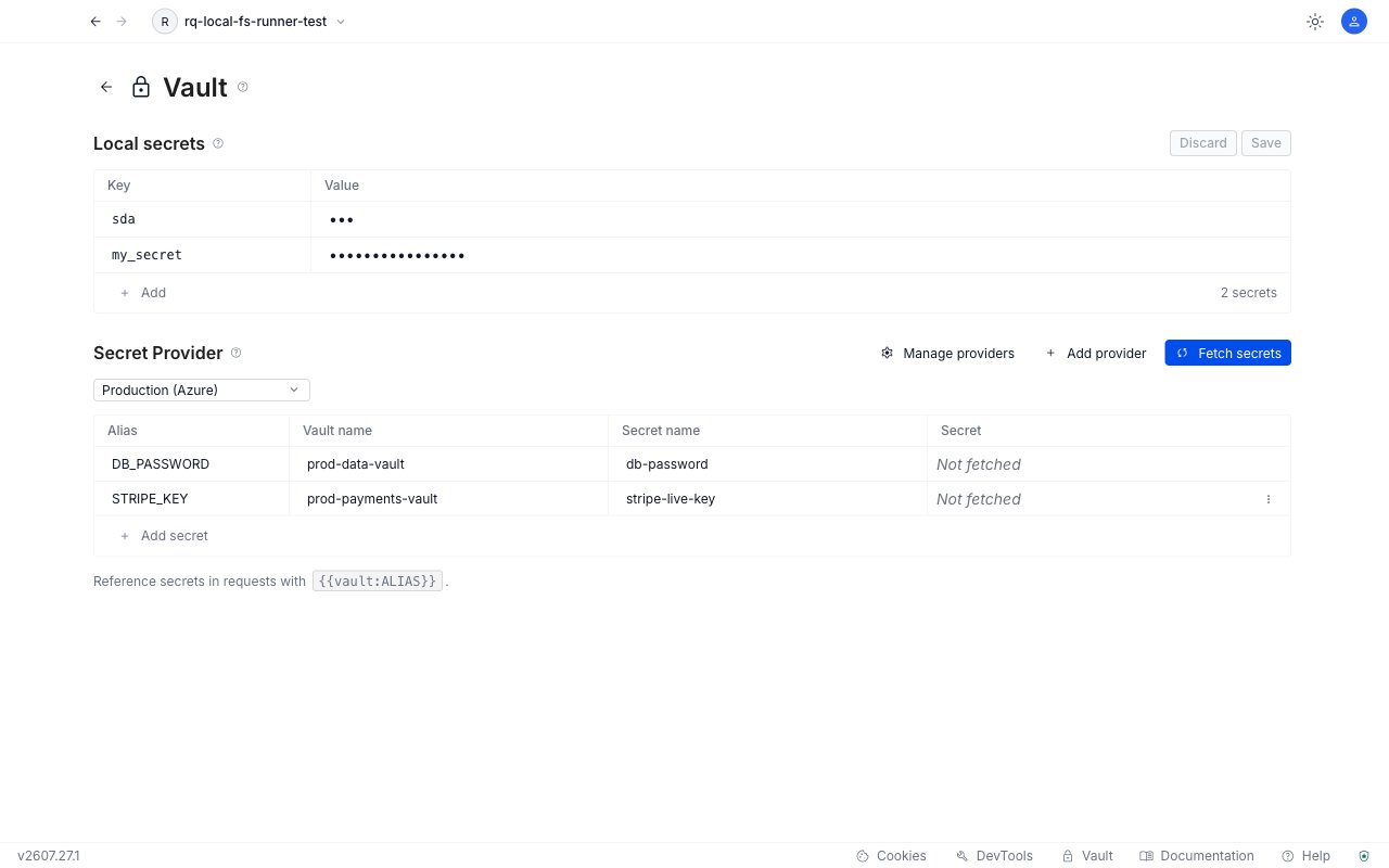 Requestly Vault page showing the Azure secret table with Alias, Vault name, Secret name, and Secret columns