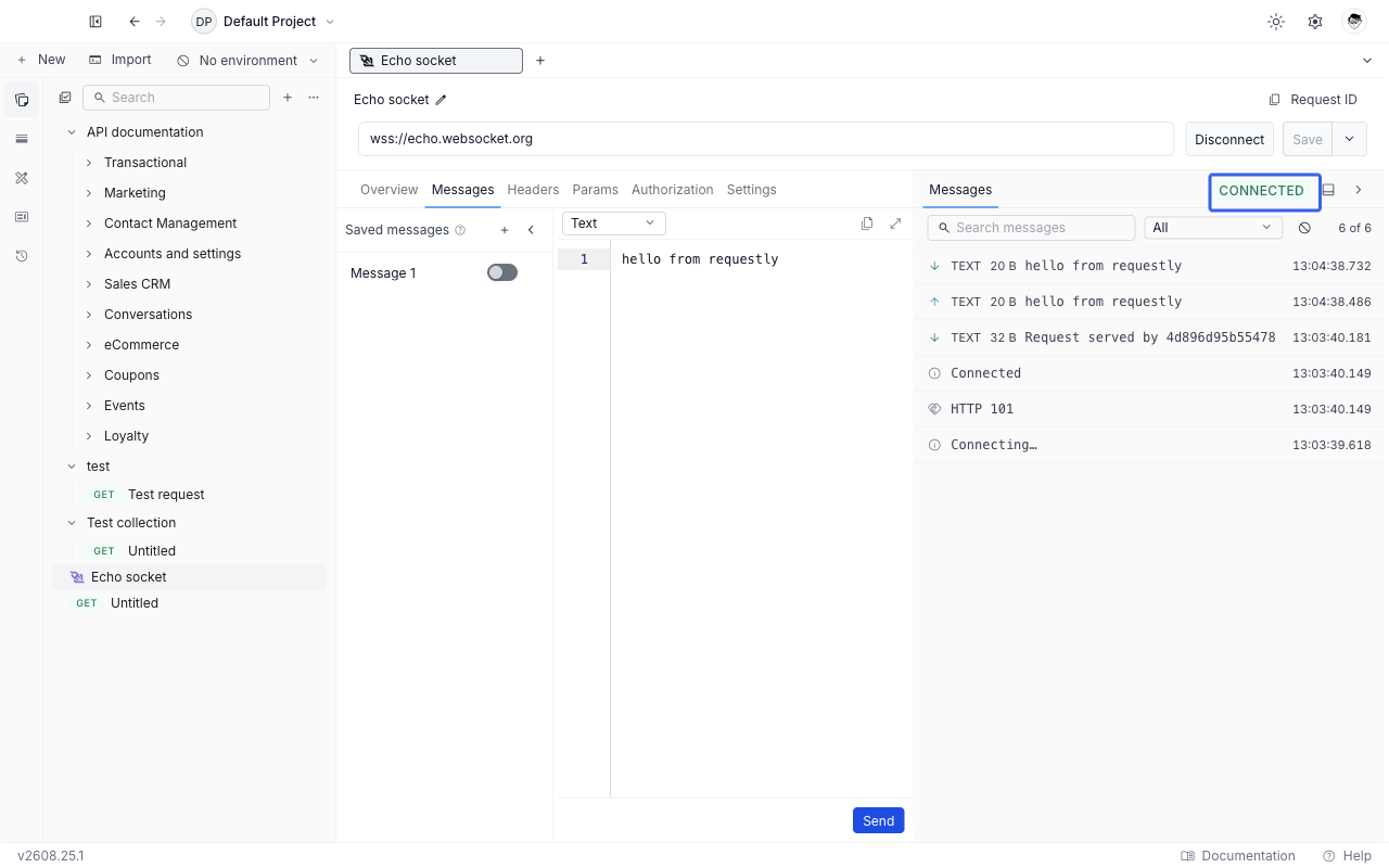 WebSocket request editor in Requestly with a connected socket, the Messages tab open, and a sent and received message in the Timeline panel