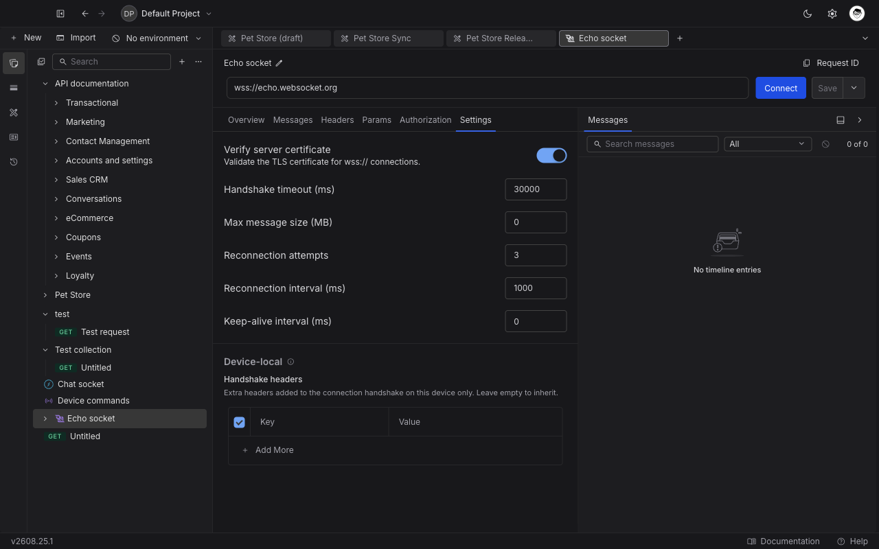 Settings tab of a WebSocket request in Requestly showing certificate verification, handshake timeout, message size, reconnection, keep-alive, and the Device-local handshake headers table