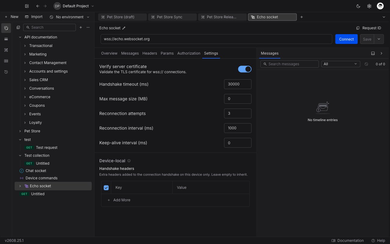 Settings tab of a WebSocket request in Requestly showing certificate verification, handshake timeout, message size, reconnection, keep-alive, and the Device-local handshake headers table