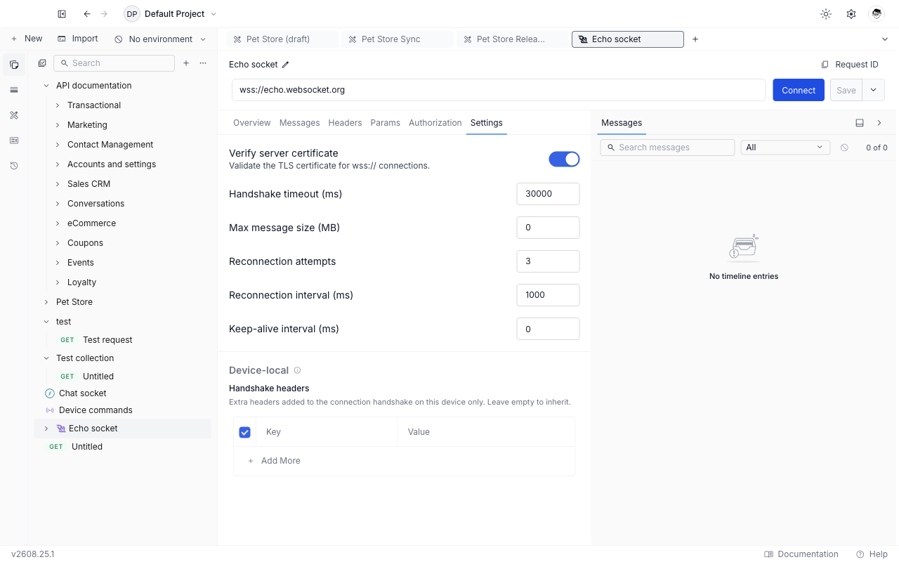 Settings tab of a WebSocket request in Requestly showing certificate verification, handshake timeout, message size, reconnection, keep-alive, and the Device-local handshake headers table