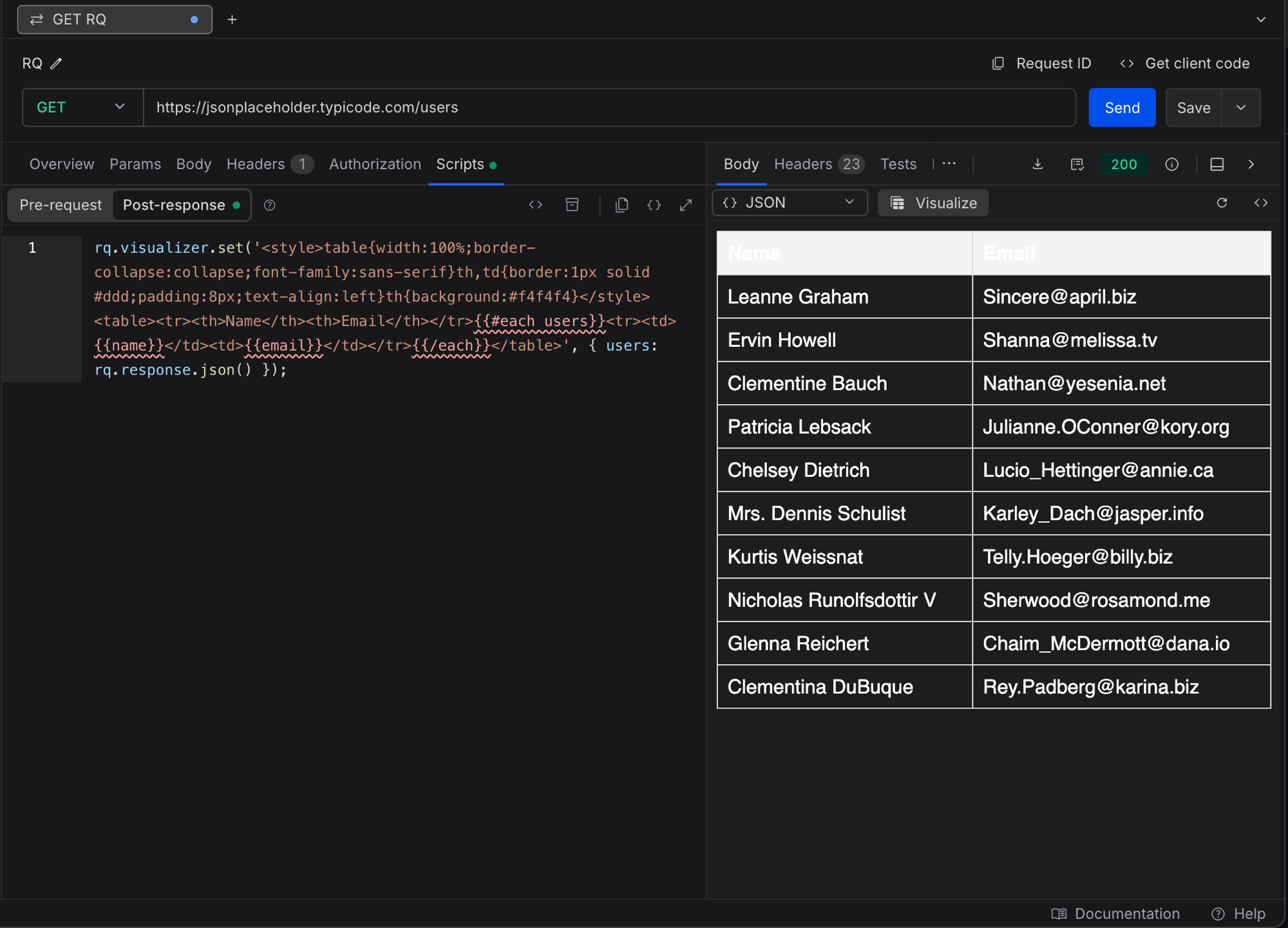 A rendered table visualization in the response Body area, with the Visualize button active beside the format selector