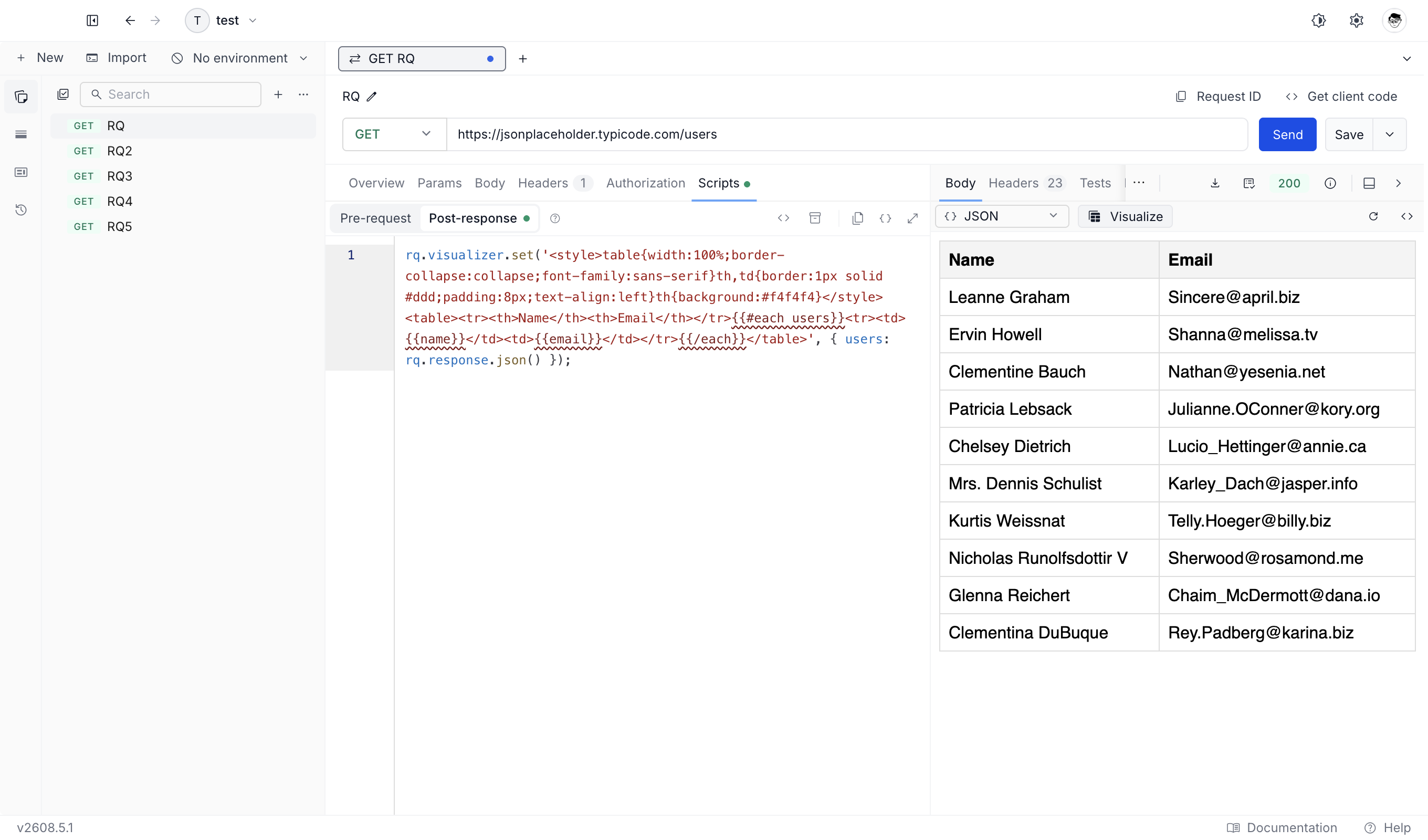A rendered table visualization in the response Body area, with the Visualize button active beside the format selector