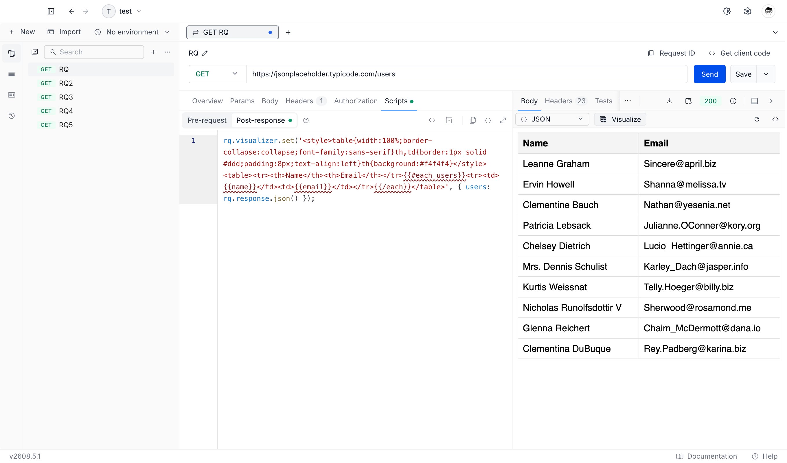 A rendered table visualization in the response Body area, with the Visualize button active beside the format selector