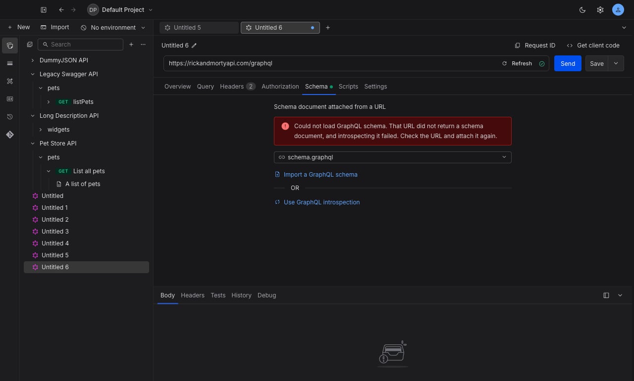 The Schema tab showing a schema load error above the attach controls, which stay available