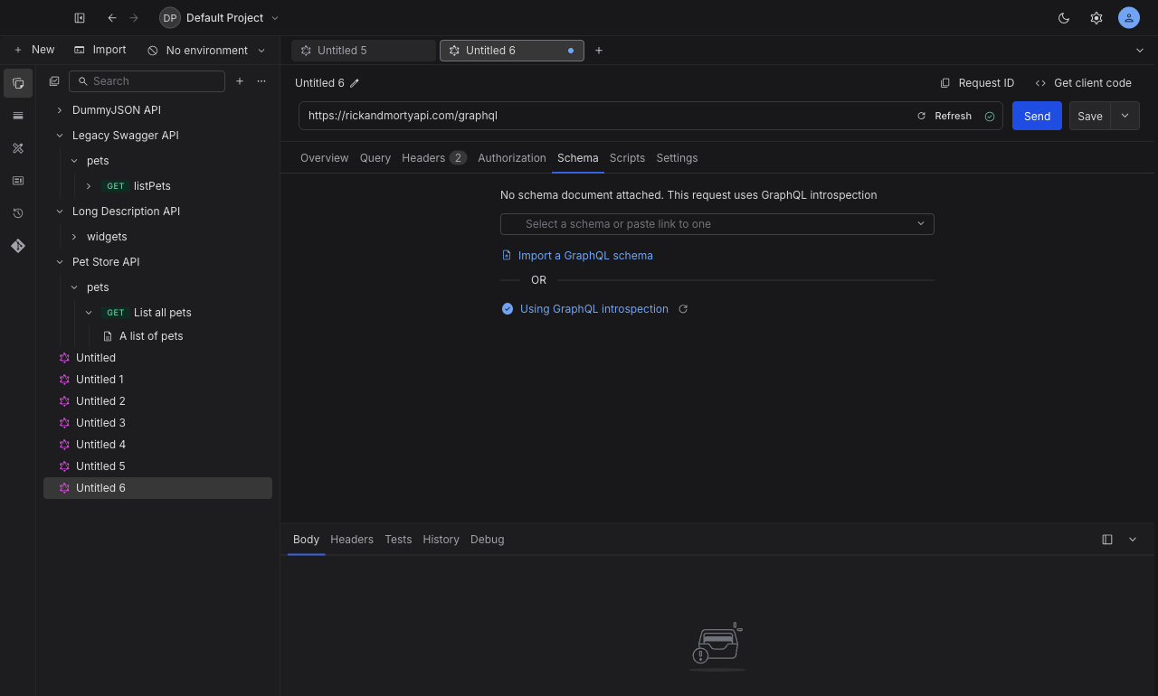 The Schema tab of a GraphQL request with nothing attached, showing the schema picker, the Import a GraphQL schema link and the Use GraphQL introspection link