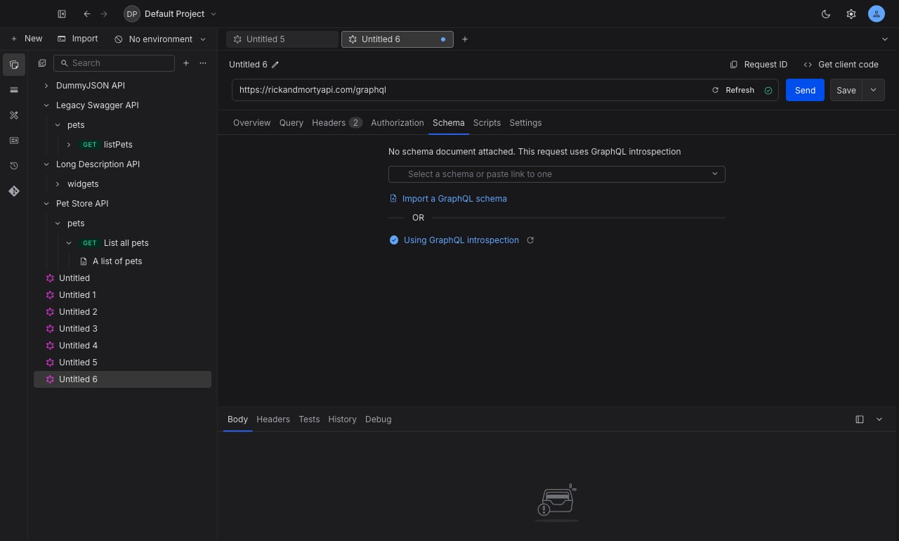 The Schema tab of a GraphQL request with nothing attached, showing the schema picker, the Import a GraphQL schema link and the Use GraphQL introspection link