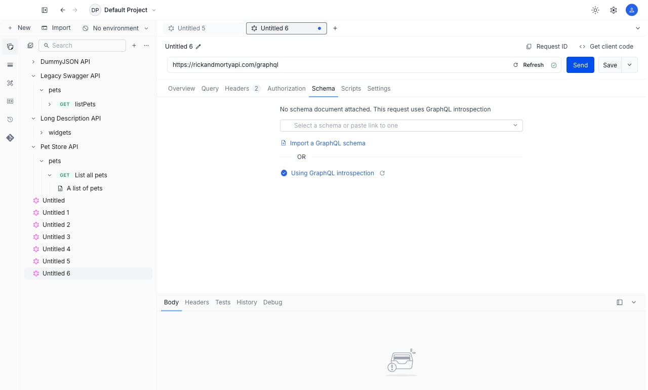 The Schema tab of a GraphQL request with nothing attached, showing the schema picker, the Import a GraphQL schema link and the Use GraphQL introspection link