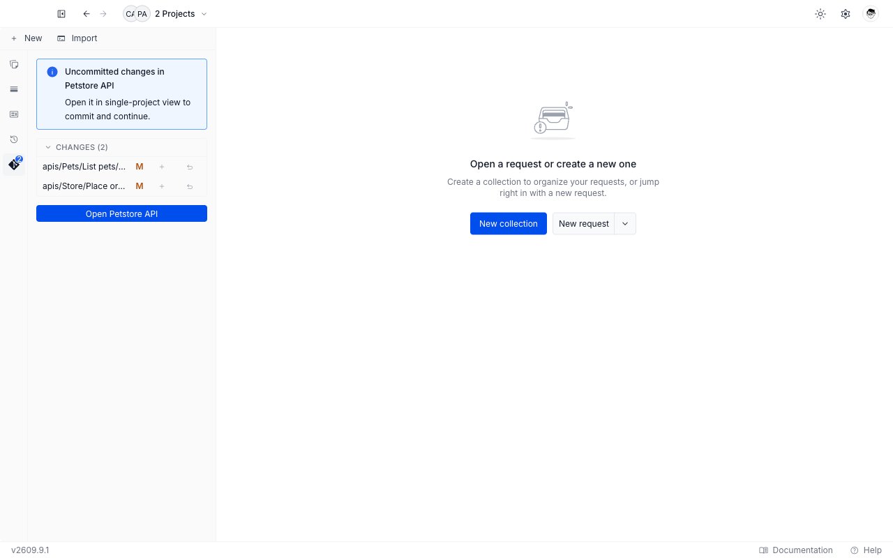 The Git panel in multi-project view, with an Uncommitted changes banner, two file rows whose plus and undo icons are greyed out, and an Open Petstore API button