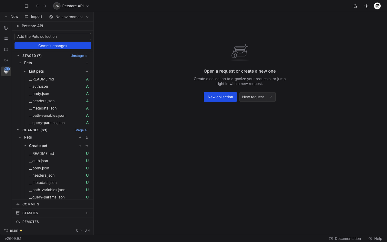 The Git panel with a typed commit message, a Staged section of seven files, and a Changes section of sixty-three files