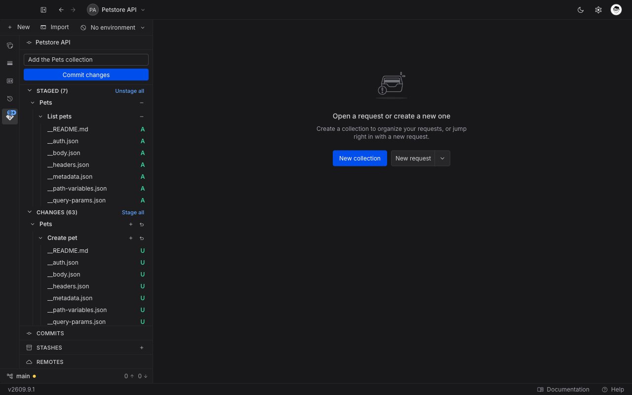 The Git panel with a typed commit message, a Staged section of seven files, and a Changes section of sixty-three files