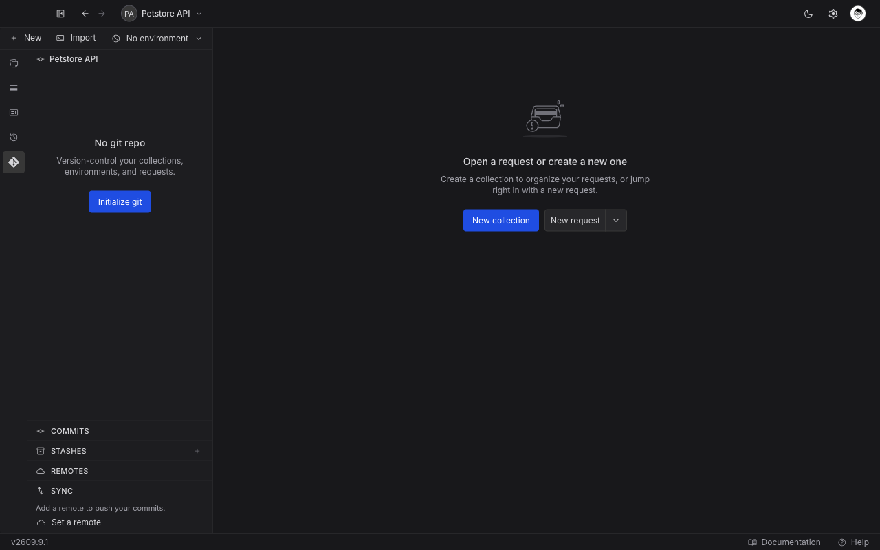 The Git panel before a repository exists, showing the No git repo empty state with an Initialize git button above the Commits, Stashes, Remotes, and Sync rows