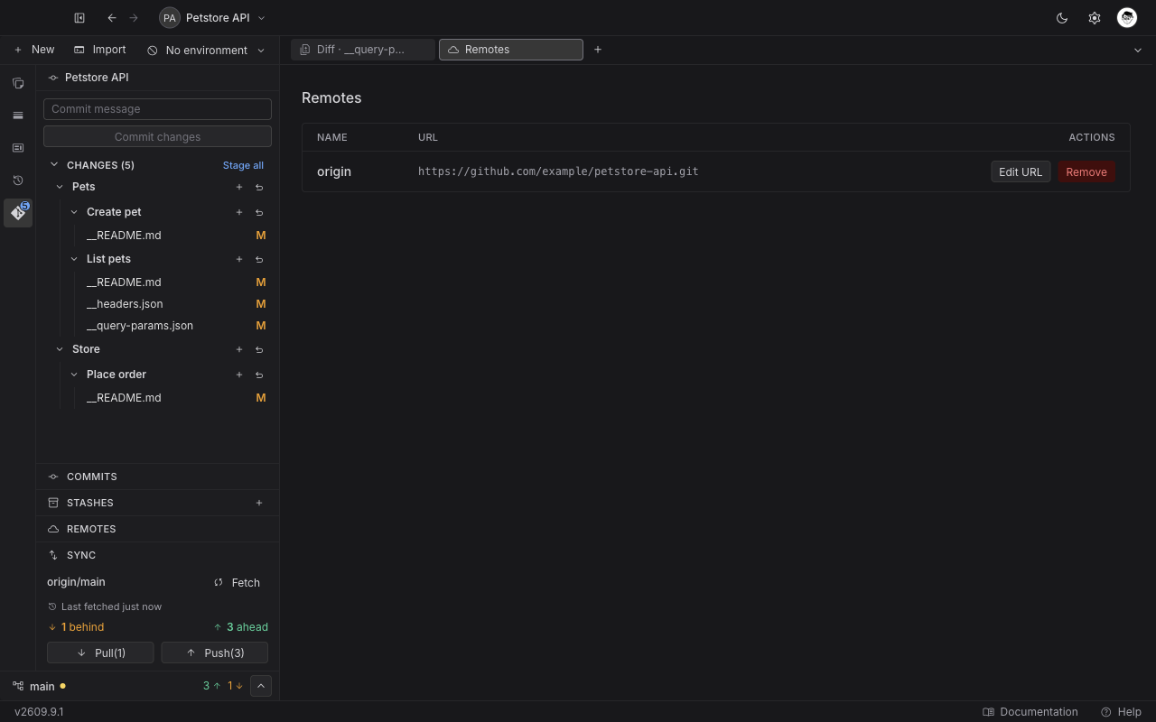 The Remotes tab showing a single-row table with the name origin, its HTTPS URL, and Edit URL and Remove buttons