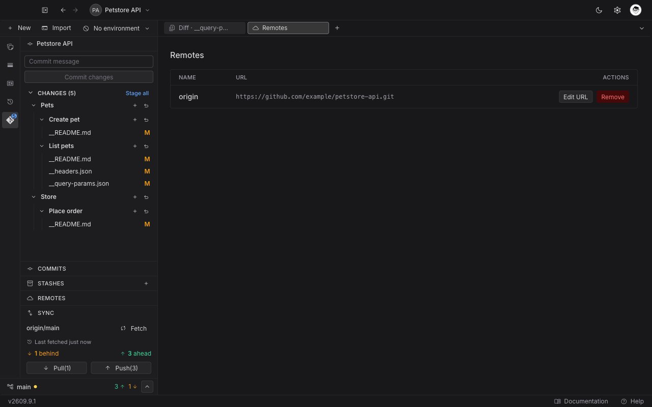 The Remotes tab showing a single-row table with the name origin, its HTTPS URL, and Edit URL and Remove buttons