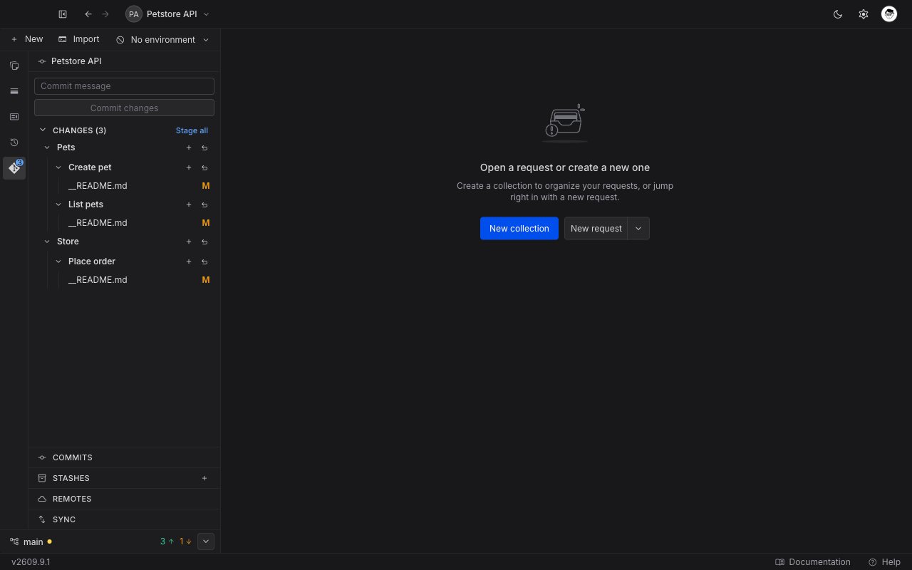 The sidebar status bar showing the branch name main, an amber dot for uncommitted changes, the push and pull counts, and the Sync chevron