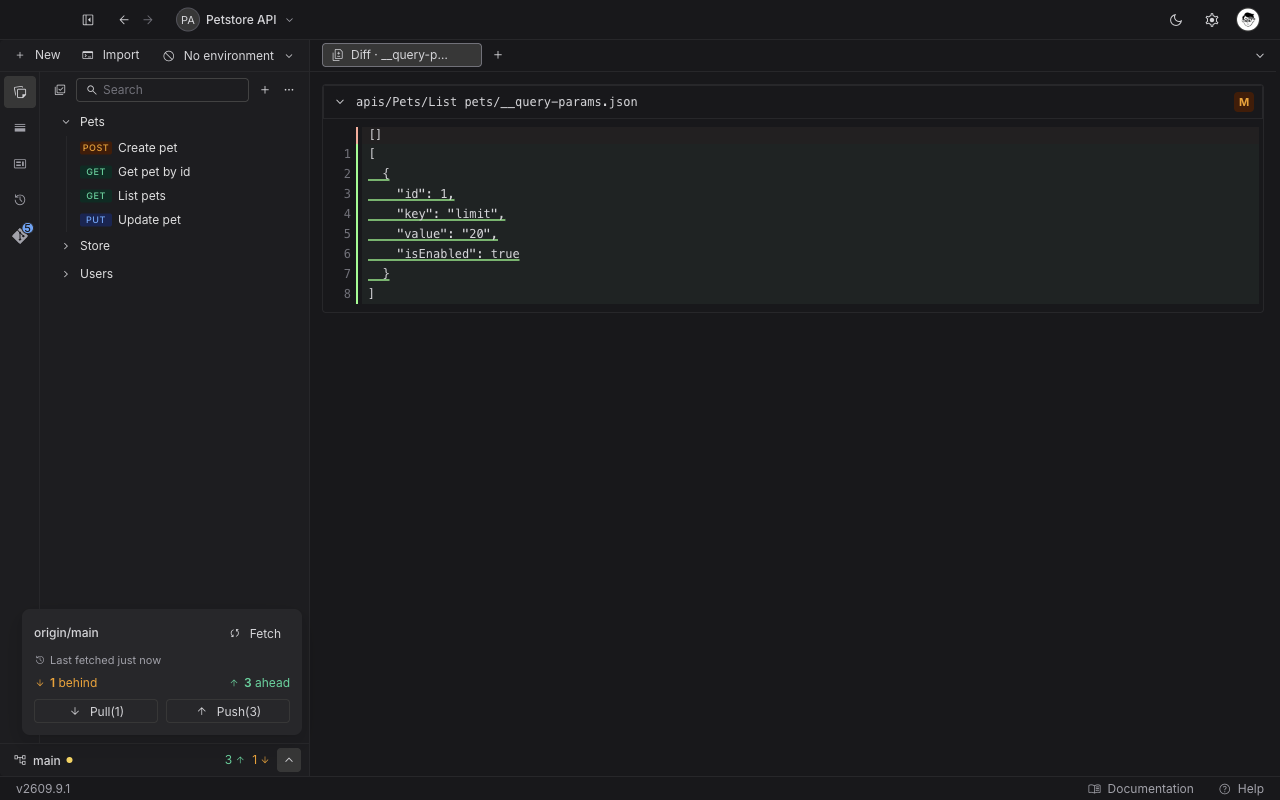 A diff tab open on the Collections tab, with the Sync popover above the status bar showing origin slash main, Fetch, the behind and ahead counts, and Pull and Push buttons