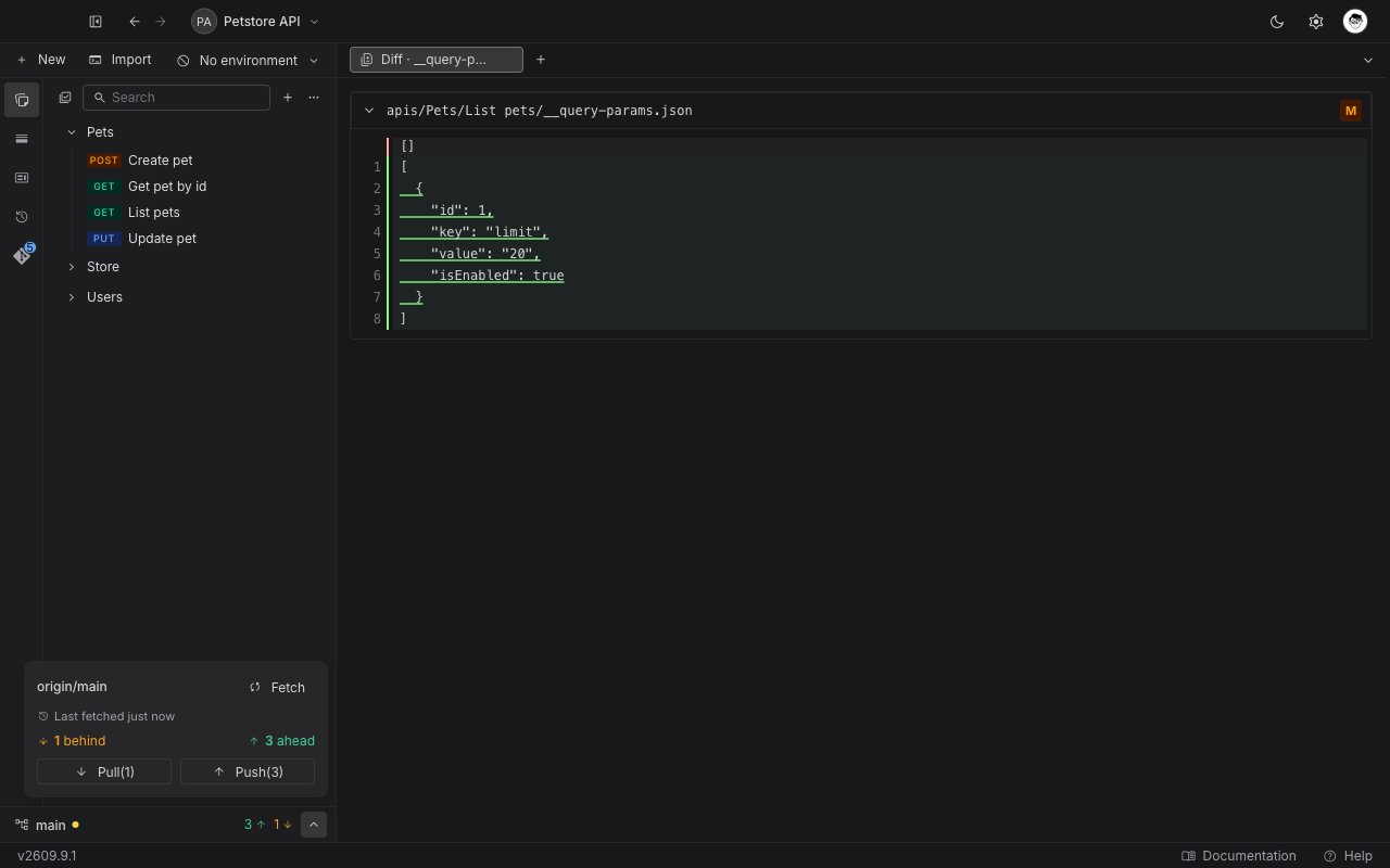 A diff tab open on the Collections tab, with the Sync popover above the status bar showing origin slash main, Fetch, the behind and ahead counts, and Pull and Push buttons
