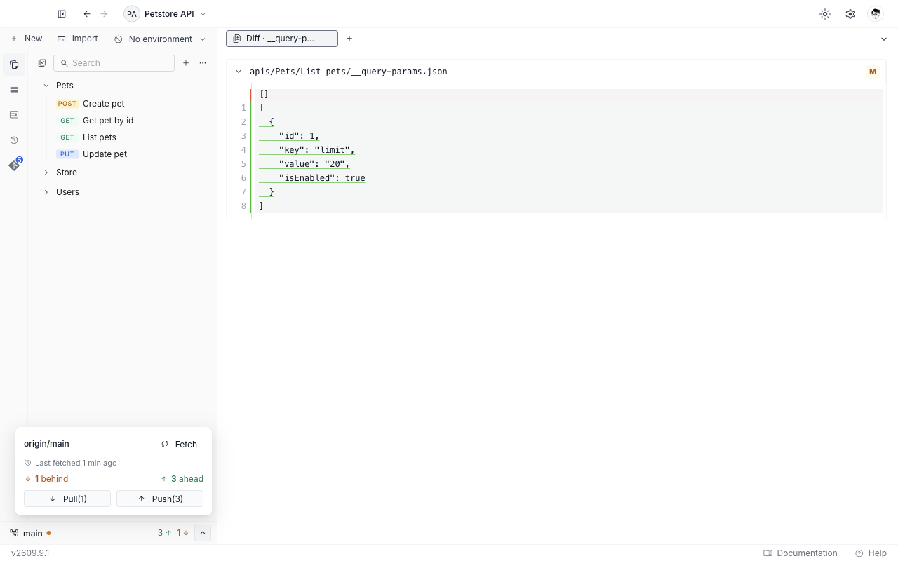 A diff tab open on the Collections tab, with the Sync popover above the status bar showing origin slash main, Fetch, the behind and ahead counts, and Pull and Push buttons