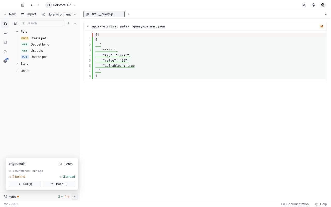 A diff tab open on the Collections tab, with the Sync popover above the status bar showing origin slash main, Fetch, the behind and ahead counts, and Pull and Push buttons