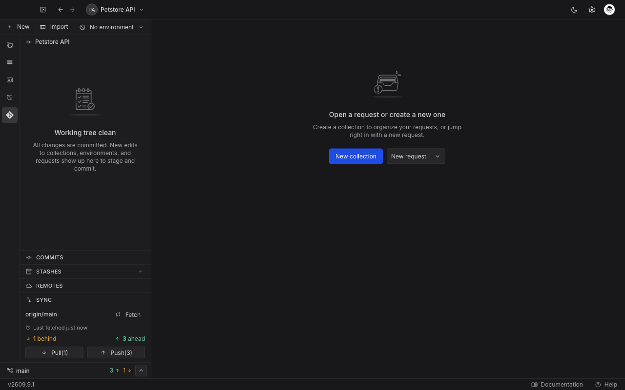 The expanded Sync section showing the upstream origin slash main, a Fetch button, the last fetched time, one behind and three ahead, and the Pull and Push buttons