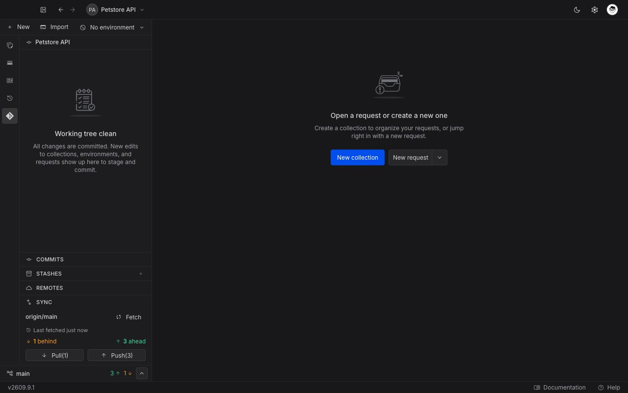 The expanded Sync section showing the upstream origin slash main, a Fetch button, the last fetched time, one behind and three ahead, and the Pull and Push buttons