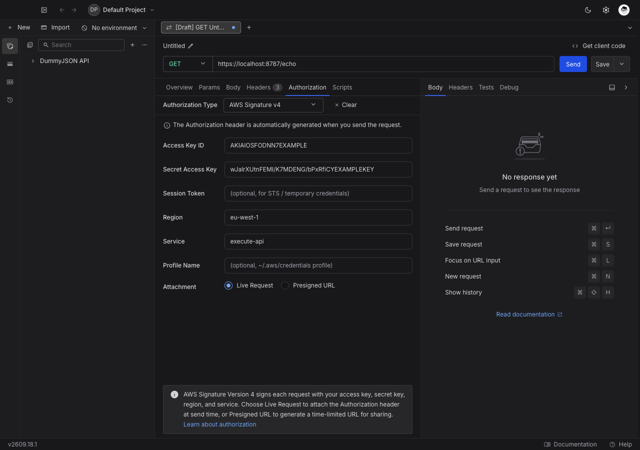 AWS Signature v4 form in the Authorization tab showing access key ID, secret access key, session token, region, service, profile name, and the attachment mode radio buttons.